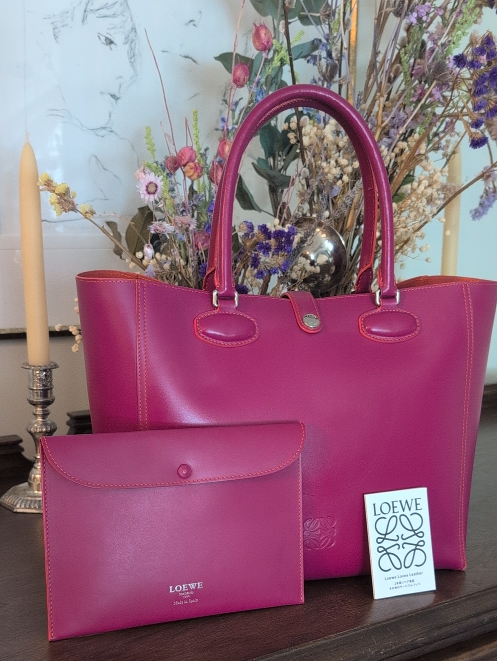 Loewe Magenta Leather Tote with Matching Pouch